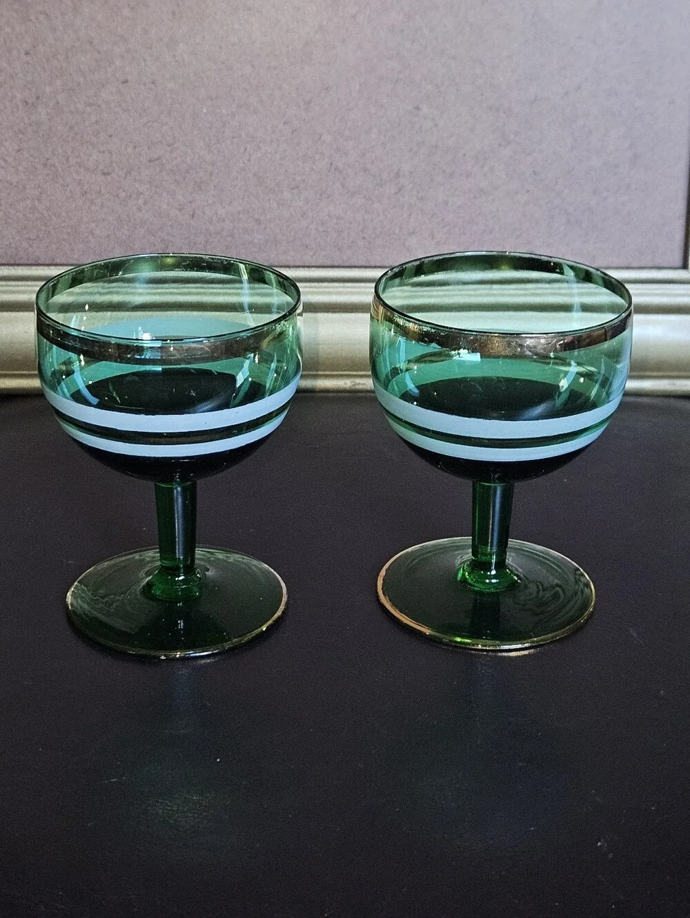 Vintage Emerald Green Coupe Glasses with White Stripe and Gold Trim- Set of 2